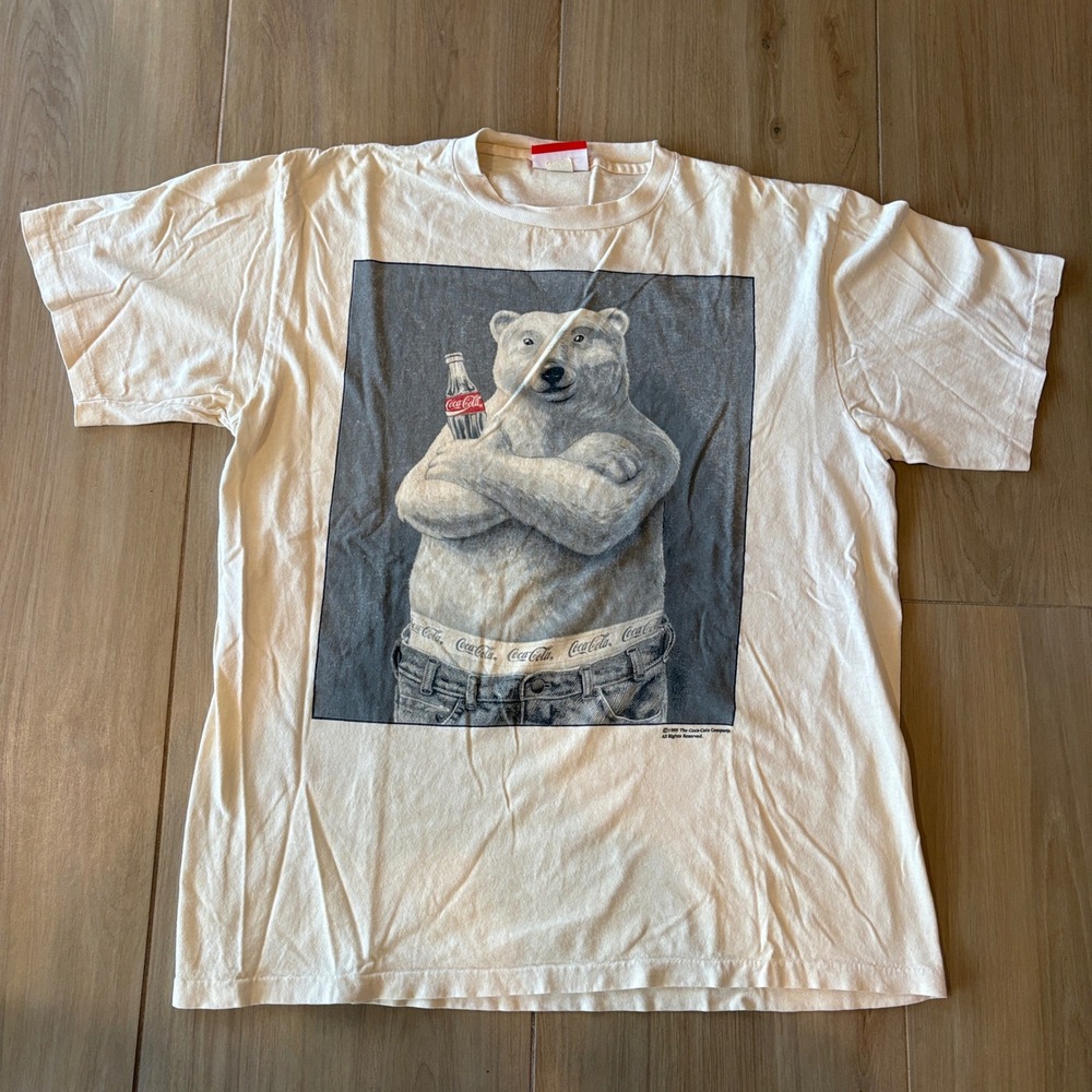 Vintage 1995 Coca-Cola Polar Bear T-Shirt XL Cream Made in USA 90s Graphic Tee